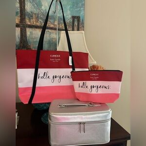 NWT Clinique 3 piece bundle Tote, Pouch and Train Case